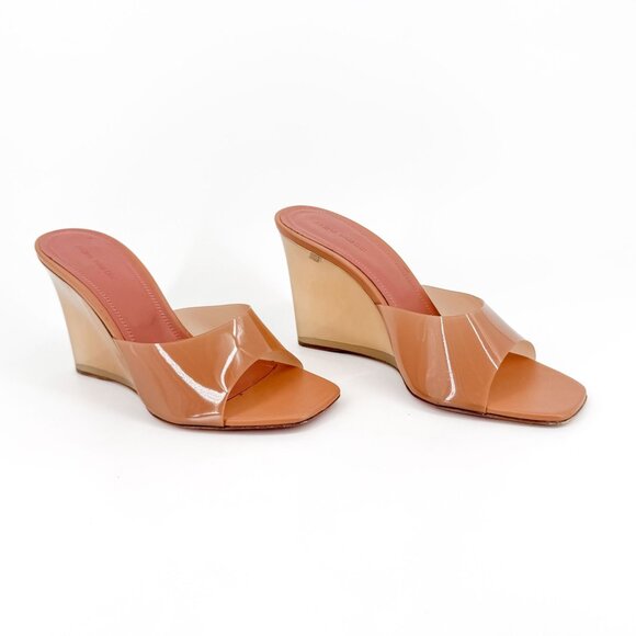 Amina Muaddi Lupita Glass Mule Wedge Size 40.5 US 10.5 Beige Tan PVC Slide Heels - Picture 1 of 15